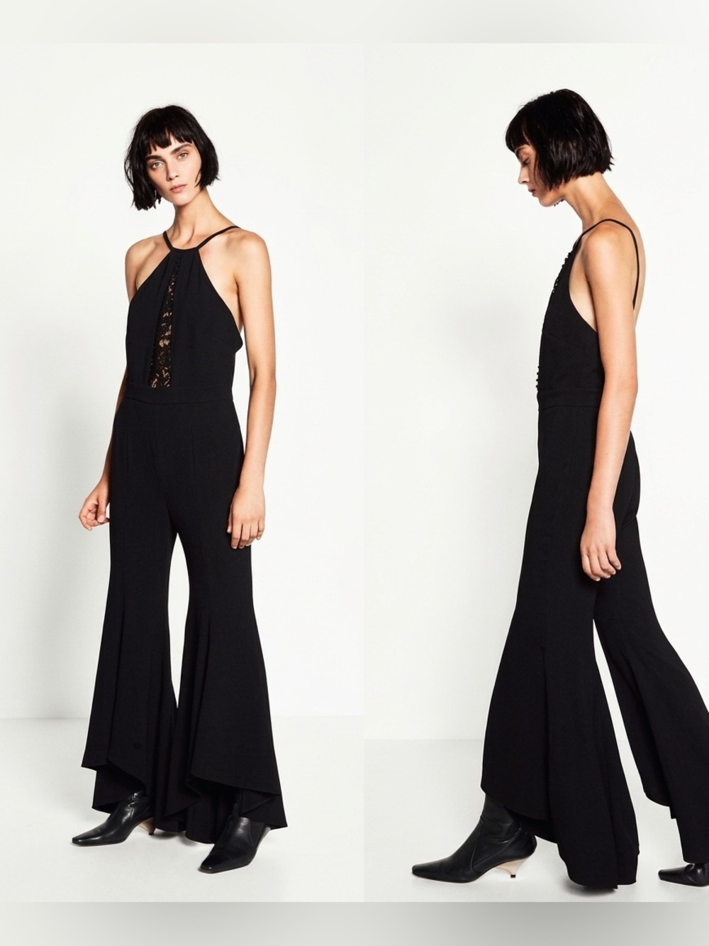 🤍 ZARA Black Frilled Flare Tulip Hem Lace Jumpsuit sz Large